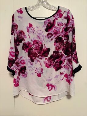 Adrianna Papell White Blouse with Pink Floral Print and Black Trim